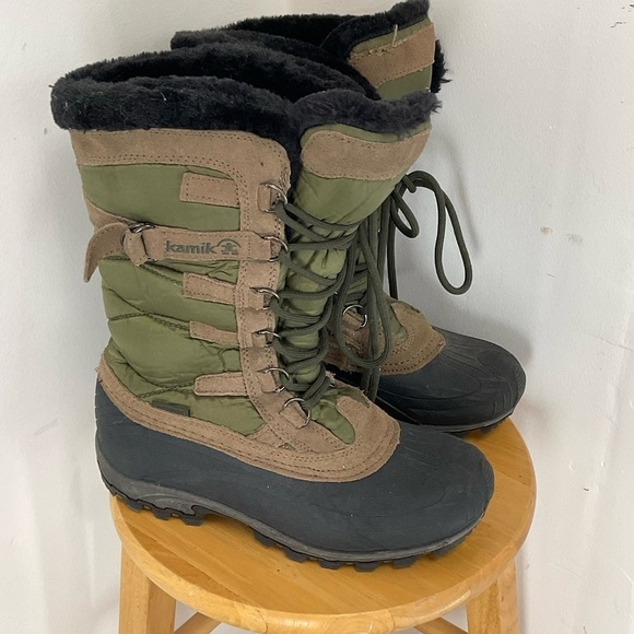 Kamik Boots Womens SnowValley Winter Insulated Tall Green Tan Size 6 - Picture 2 of 8